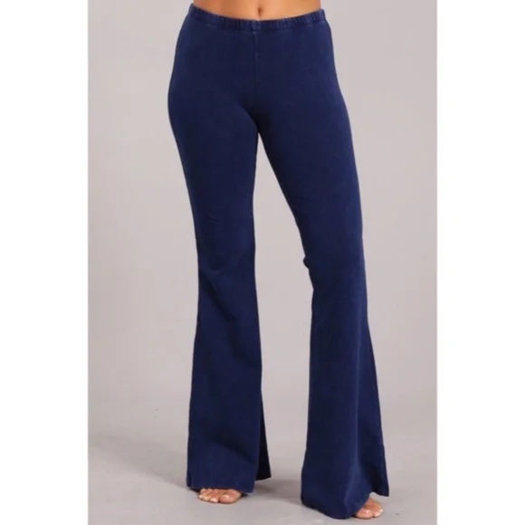 Galaxy Blue Boho Mineral Wash Stretch Flared Bell Bottom Casual Pants - Picture 2 of 6